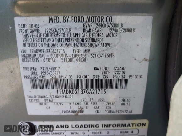 2007 Ford Freestyle SEL с VIN 1FMDK02137GA21715, выставлен на аукционе IAAI как лот 41809751 с пробегом Не указан миль и . История ставок и продаж доступна на DreamBid. Изображение 9.