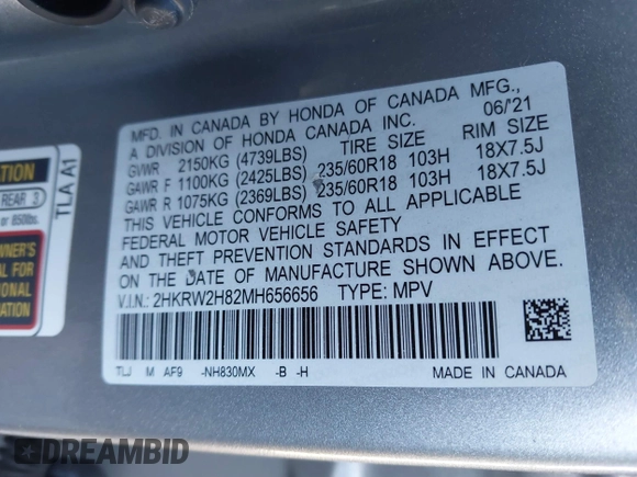 2021 Honda CR-V EX-L with VIN 2HKRW2H82MH656656, listed as a IAAI auction lot 41707235 with 1 mi miles. Bid and sale history available at carsss.com. Image 9.