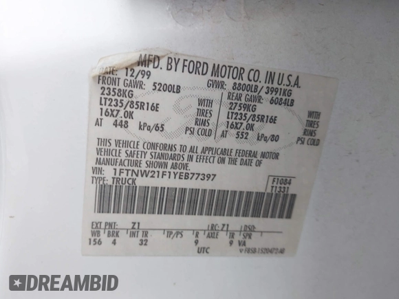 2000 Ford F-250 XL with VIN 1FTNW21F1YEB77397, listed as a IAAI auction lot 41934134 with 344,782 mi miles and . Bid and sale history available at DreamBid. Image 9.
