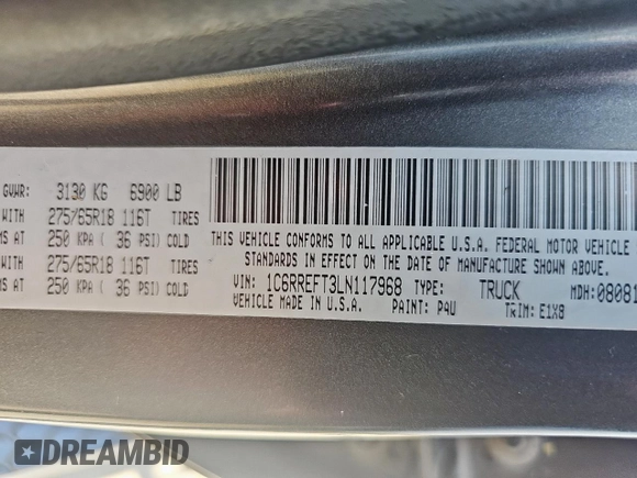 2020 Ram 1500 Lone Star with VIN 1C6RREFT3LN117968, listed as a Copart auction lot 64258905 with 62,826 mi miles and Clean title. Bid and sale history available at DreamBid. Image 10.