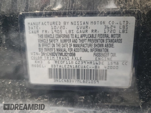 2021 Nissan Versa S with VIN 3N1CN8DV7ML821059, listed as a Copart auction lot 62263455 with 124,444 mi miles and Clean title. Bid and sale history available at DreamBid. Image 13.