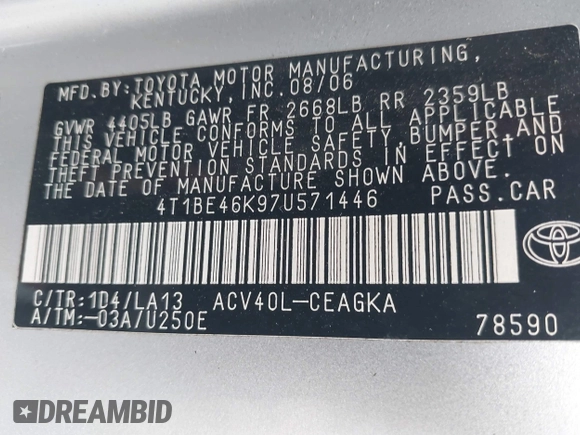 2007 Toyota Camry CE with VIN 4T1BE46K97U571446, listed as a IAAI auction lot 42195858 with 222,159 mi miles and . Bid and sale history available at DreamBid. Image 9.