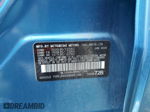 2024 Mitsubishi Mirage ES z VIN ML32AUHJ8RH017169, wystawiony jako Copart lot #60427485 z przebiegiem 9 272 mil mil oraz Nie do naprawy • Non repairable. Historia ofert i sprzedaży dostępna na DreamBid. Obrazek 12.