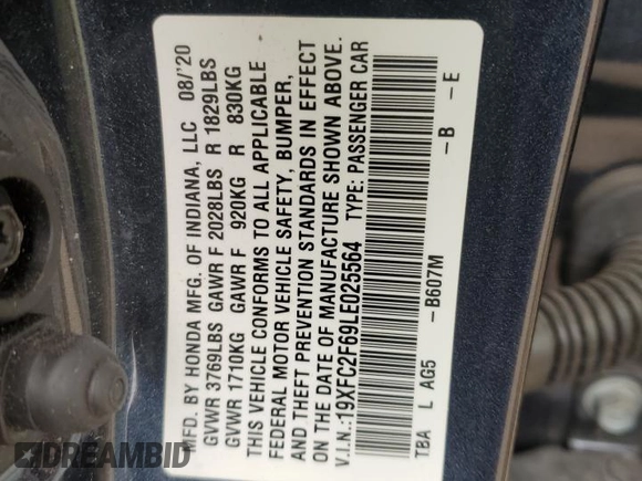 2020 Honda Civic LX with VIN 19XFC2F69LE025564, listed as a Copart auction lot 60811565 with 12,480 mi miles and Salvage title. Bid and sale history available at DreamBid. Image 12.