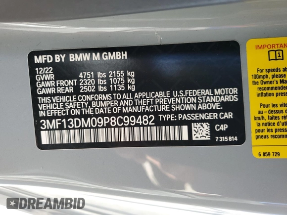 2023 BMW M2 with VIN 3MF13DM09P8C99482, listed as a Copart auction lot 52844604 with 8,974 mi miles. Bid and sale history available at carsss.com. Image 14.