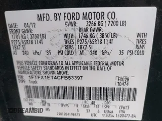 2012 Ford F-150 XL with VIN 1FTFX1ET4CFB53397, listed as a IAAI auction lot 41167562 with 185,345 mi miles. Bid and sale history available at carsss.com. Image 9.