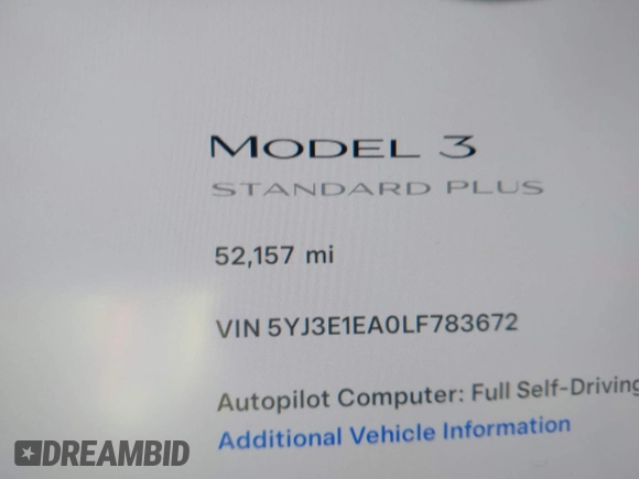 2020 Tesla Model 3 Standard Range Plus with VIN 5YJ3E1EA0LF783672, listed as a IAAI auction lot 41903431 with 52,157 mi miles and . Bid and sale history available at carsss.com. Image 15.