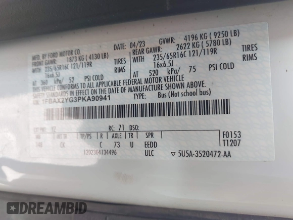 2023 Ford Transit Passenger XL with VIN 1FBAX2YG3PKA90941, listed as a IAAI auction lot 42472270 with 43,141 mi miles and . Bid and sale history available at DreamBid. Image 9.