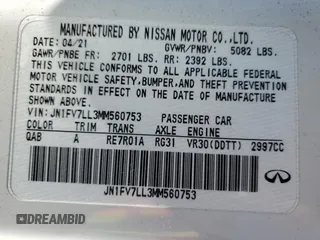 2021 Infiniti Q60 Red Sport 400 with VIN JN1FV7LL3MM560753, listed as a Copart auction lot 69859814 with 38,625 mi miles and Salvage title. Bid and sale history available at DreamBid. Image 13.