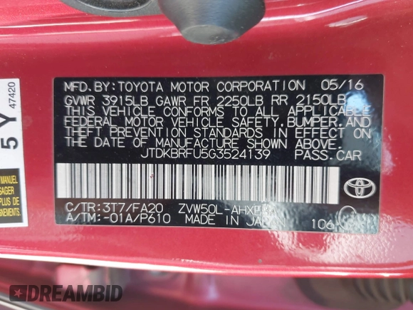 2016 Toyota Prius Two z VIN JTDKBRFU5G3524139, wystawiony jako IAAI lot #42118163 z przebiegiem 177 168 mil mil oraz . Historia ofert i sprzedaży dostępna na DreamBid. Obrazek 9.