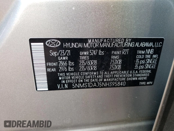2022 Hyundai Santa Fe SE with VIN 5NMS1DAJ5NH395840, listed as a Copart auction lot 40544754 with 28,090 mi miles and . Bid and sale history available at DreamBid. Image 13.