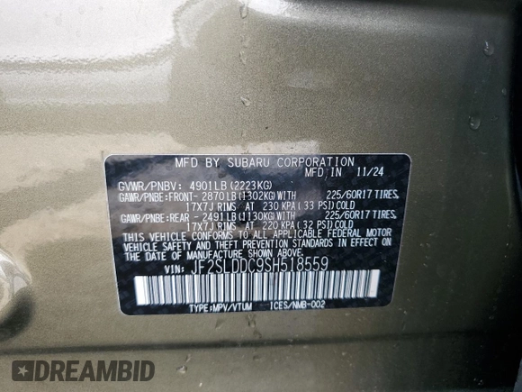 2025 Subaru Forester Premium z VIN JF2SLDDC9SH518559, wystawiony jako Copart lot #60173055 z przebiegiem 6 389 mil mil oraz Szkoda całkowita • Salvage title. Historia ofert i sprzedaży dostępna na DreamBid. Obrazek 13.