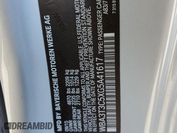 2016 BMW 4 Series 435i with VIN WBA3T3C5XG5A41617, listed as a Copart auction lot 82854044 with 93,213 mi miles and Salvage title. Bid and sale history available at DreamBid. Image 13.