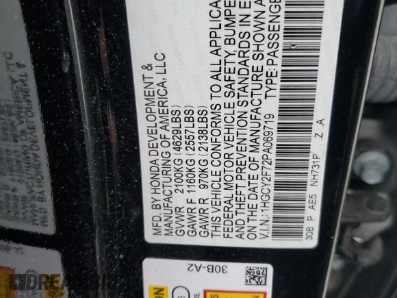 2023 Honda Accord Sport-L with VIN 1HGCY2F72PA069719, listed as a Copart auction lot 58289145 with Not provided miles and Salvage title. Bid and sale history available at DreamBid. Image 12.