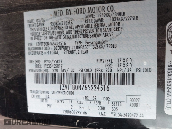 2006 Ford Mustang Standard with VIN 1ZVFT80N765224516, listed as a IAAI auction lot 42401817 with 159,911 mi miles and . Bid and sale history available at DreamBid. Image 9.