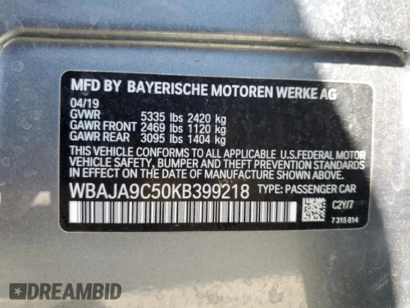 2019 BMW 5 Series 530e iPerformance with VIN WBAJA9C50KB399218, listed as a Copart auction lot 54268395 with 76,187 mi miles and Salvage Title. Bid and sale history available at carsss.com. Image 12.