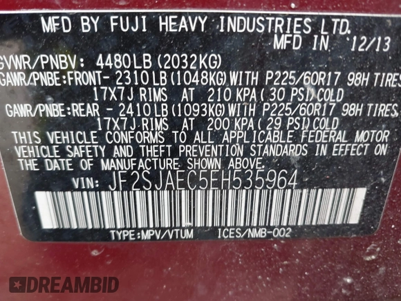 2014 Subaru Forester Premium with VIN JF2SJAEC5EH535964, listed as a IAAI auction lot 41900502 with 142,855 mi miles and . Bid and sale history available at DreamBid. Image 9.
