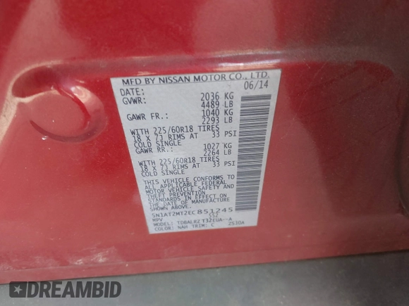 2014 Nissan Rogue SV with VIN 5N1AT2MT2EC851245, listed as a IAAI auction lot 41611370 with 172,157 mi miles. Bid and sale history available at carsss.com. Image 9.