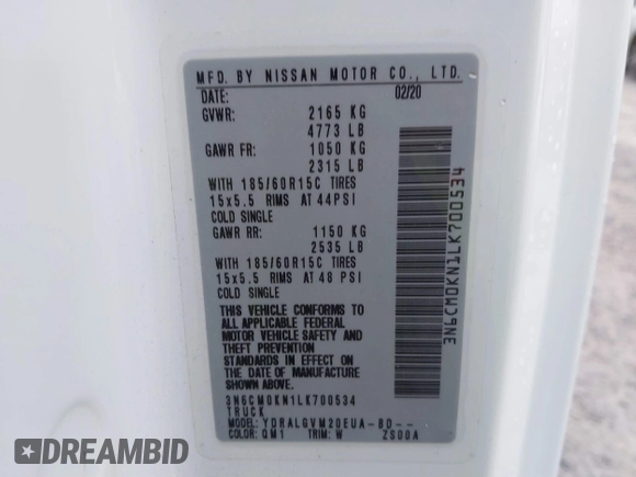 2020 Nissan NV200 SV with VIN 3N6CM0KN1LK700534, listed as a IAAI auction lot 41387617 with Not provided miles and . Bid and sale history available at DreamBid. Image 9.