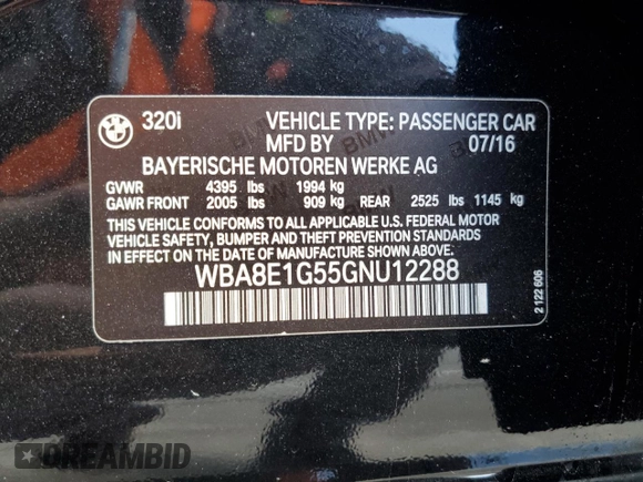 2016 BMW 3 Series 320i with VIN WBA8E1G55GNU12288, listed as a Copart auction lot 42396055 with 140,158 mi miles and Salvage Title. Bid and sale history available at DreamBid. Image 12.