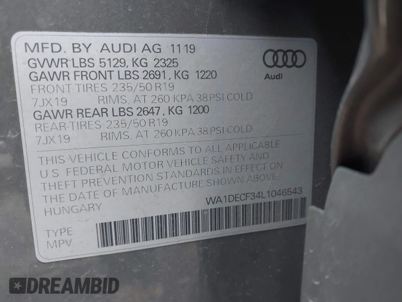 2020 Audi Q3 S line Premium with VIN WA1DECF34L1046543, listed as a IAAI auction lot 41715612 with 71,816 mi miles. Bid and sale history available at carsss.com. Image 9.