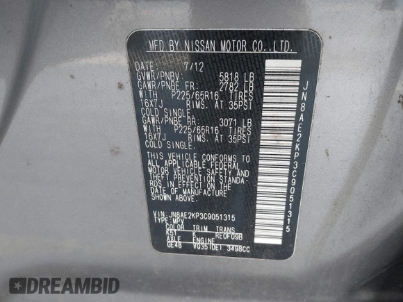2012 Nissan Quest SL z VIN JN8AE2KP3C9051315, wystawiony jako IAAI lot #38816807 z przebiegiem 153 380 mil mil oraz . Historia ofert i sprzedaży dostępna na DreamBid. Obrazek 9.