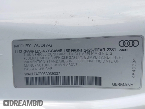 2014 Audi A5 Premium Plus with VIN WAULFAFR0EA039337, listed as a IAAI auction lot 42370262 with 106,097 mi miles and . Bid and sale history available at DreamBid. Image 9.