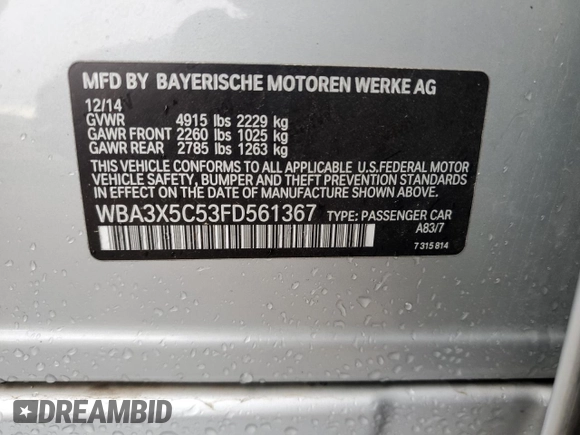 2015 BMW 3 Series 328i Gran Turismo xDrive с VIN WBA3X5C53FD561367, выставлен на аукционе Copart как лот 81523654 с пробегом 124 491 миль миль и Списание • Salvage title. История ставок и продаж доступна на DreamBid. Изображение 12.