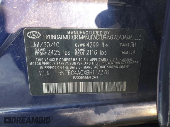 2011 Hyundai Sonata Limited with VIN 5NPEC4ACXBH117278, listed as a Copart auction lot 44442365 with 276,835 mi miles and Salvage Title. Bid and sale history available at DreamBid. Image 12.