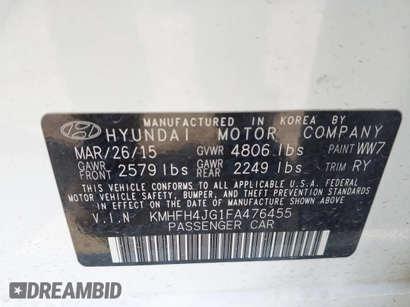 2015 Hyundai Azera Limited with VIN KMHFH4JG1FA476455, listed as a IAAI auction lot 42407261 with 110,293 mi miles and . Bid and sale history available at DreamBid. Image 9.