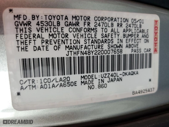 2002 Lexus SC 430 with VIN JTHFN48Y220007658, listed as a Copart auction lot 59899164 with 144,541 mi miles and Salvage Title. Bid and sale history available at carsss.com. Image 13.