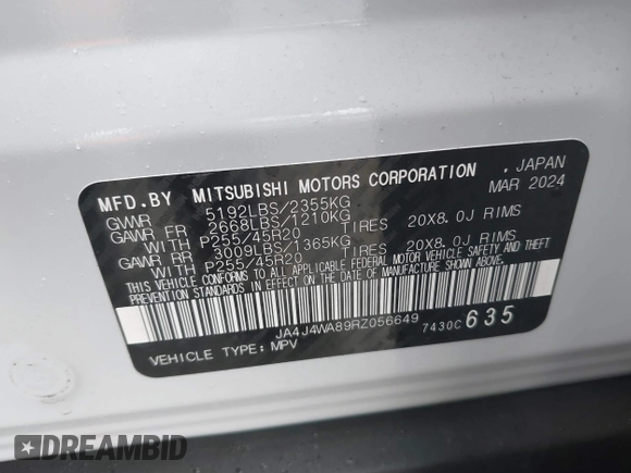 2024 Mitsubishi Outlander SEL z VIN JA4J4WA89RZ056649, wystawiony jako IAAI lot #41715013 z przebiegiem 7 835 mil mil oraz . Historia ofert i sprzedaży dostępna na DreamBid. Obrazek 9.