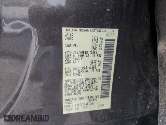 2017 Nissan Titan SV z VIN 1N6AA1EJ2HN538803, wystawiony jako Copart lot #48893625 z przebiegiem 166 415 mil mil oraz Szkoda całkowita • Salvage title. Historia ofert i sprzedaży dostępna na DreamBid. Obrazek 13.
