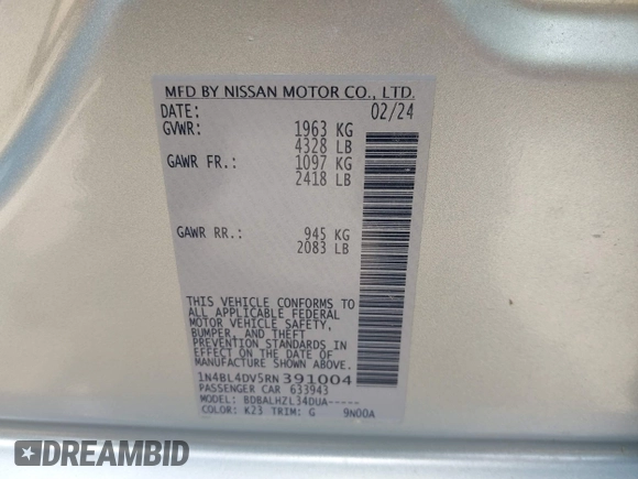 2024 Nissan Altima SV with VIN 1N4BL4DV5RN391004, listed as a IAAI auction lot 41942200 with 28,958 mi miles and . Bid and sale history available at DreamBid. Image 9.