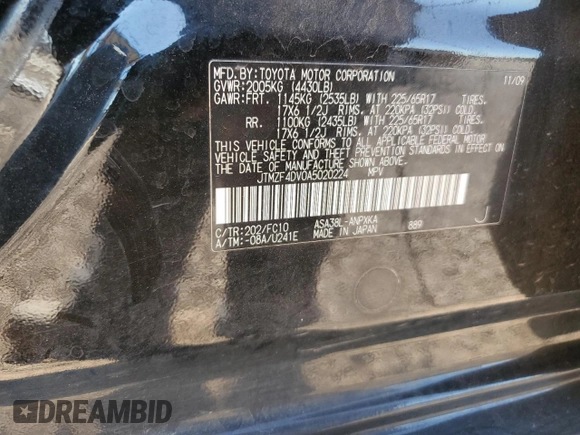 2010 Toyota RAV4 with VIN JTMZF4DV0A5020224, listed as a Copart auction lot 62930205 with 185,331 mi miles and Clean title. Bid and sale history available at DreamBid. Image 13.