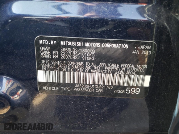 2013 Mitsubishi Lancer ES with VIN JA32U2FU1DU021780, listed as a Copart auction lot 68221134 with 97,371 mi miles and Salvage Title. Bid and sale history available at carsss.com. Image 12.