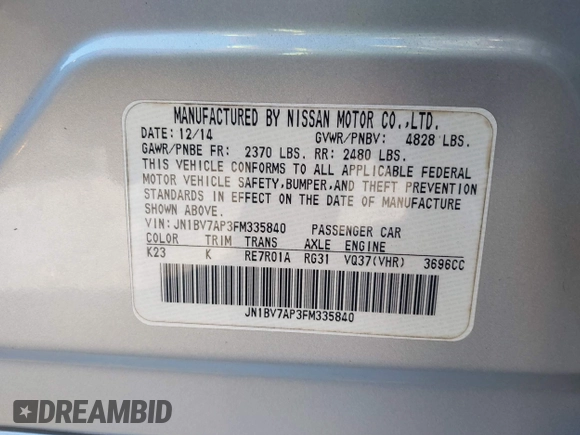 2015 Infiniti Q50 with VIN JN1BV7AP3FM335840, listed as a IAAI auction lot 38327905 with 100,276 mi miles. Bid and sale history available at carsss.com. Image 9.