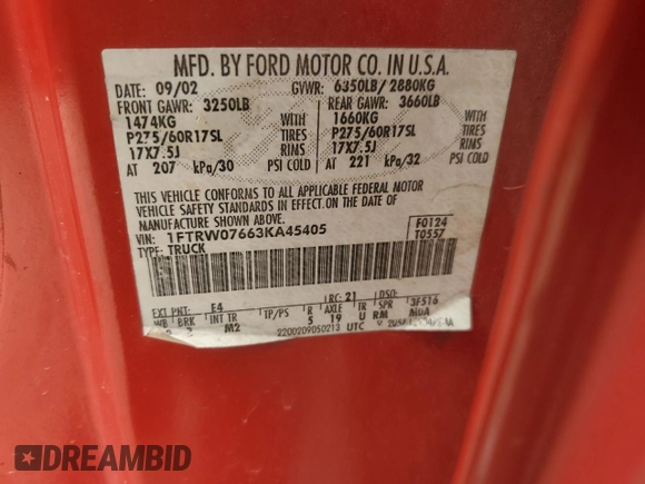 2003 Ford F-150 XLT with VIN 1FTRW07663KA45405, listed as a Copart auction lot 73388854 with 282,406 mi miles and Salvage Title. Bid and sale history available at carsss.com. Image 12.