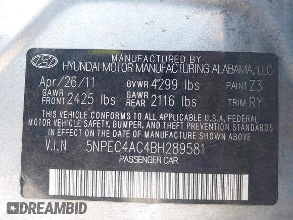 2011 Hyundai Sonata Limited with VIN 5NPEC4AC4BH289581, listed as a IAAI auction lot 41243023 with 129,972 mi miles and . Bid and sale history available at DreamBid. Image 9.