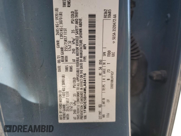 2021 Ford Bronco z VIN 1FMDE5BH4MLA84116, wystawiony jako Copart lot #57151535 z przebiegiem 22 300 mil mil oraz Szkoda całkowita • Salvage title. Historia ofert i sprzedaży dostępna na DreamBid. Obrazek 13.