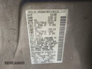 2008 Nissan Xterra S with VIN 5N1AN08U78C536110, listed as a IAAI auction lot 41851057 with 190,453 mi miles and . Bid and sale history available at DreamBid. Image 9.