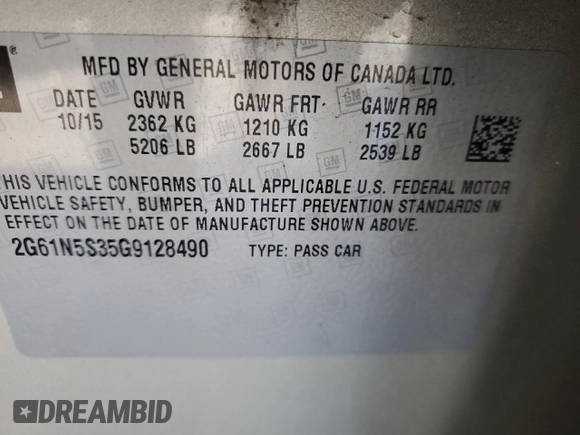 2016 Cadillac XTS Luxury Collection with VIN 2G61N5S35G9128490, listed as a Copart auction lot 43431865 with Not Provided miles and Salvage Title. Bid and sale history available at DreamBid. Image 13.