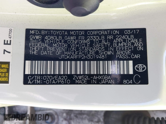 2017 Toyota Prius Plus with VIN JTDKARFP2H3019481, listed as a IAAI auction lot 42218637 with 77,795 mi miles and . Bid and sale history available at DreamBid. Image 9.