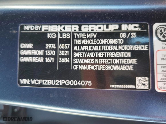 2023 Fisker Ocean One with VIN VCF1ZBU21PG004075, listed as a Copart auction lot 48259195 with 0 mi miles and Non Repairable. Bid and sale history available at carsss.com. Image 16.