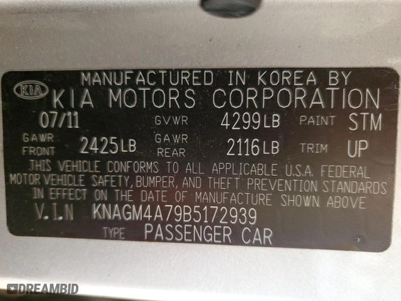2011 Kia Optima LX with VIN KNAGM4A79B5172939, listed as a Copart auction lot 51304645 with 123,270 mi miles and Salvage Title. Bid and sale history available at carsss.com. Image 12.