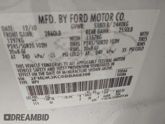 2011 Ford Edge Limited with VIN 2FMDK3KC6BBA68398, listed as a IAAI auction lot 42637367 with 206,961 mi miles and . Bid and sale history available at DreamBid. Image 9.