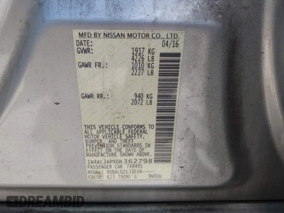 2016 Nissan Altima 2.5 S with VIN 1N4AL3APXGN362798, listed as a IAAI auction lot 42185045 with 95,874 mi miles. Bid and sale history available at carsss.com. Image 9.