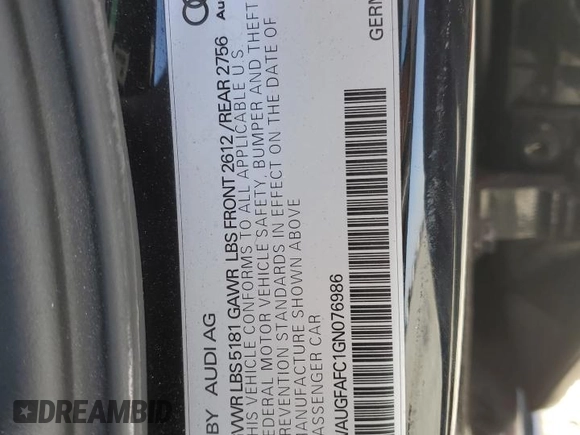 2016 Audi A6 Premium Plus with VIN WAUGFAFC1GN076986, listed as a Copart auction lot 56123585 with 100,837 mi miles and Salvage title. Bid and sale history available at DreamBid. Image 13.