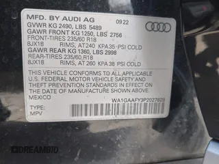 2023 Audi Q5 S line Premium with VIN WA1GAAFY3P2027829, listed as a IAAI auction lot 42638257 with 61,925 mi miles and . Bid and sale history available at DreamBid. Image 9.