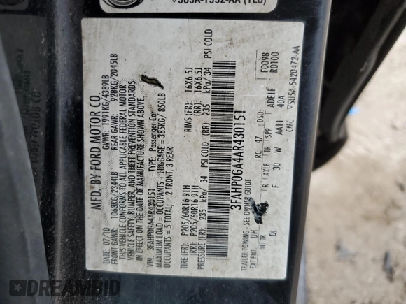 2010 Ford Fusion S with VIN 3FAHP0GA4AR430151, listed as a Copart auction lot 48310275 with 307,746 mi miles and Salvage Title. Bid and sale history available at carsss.com. Image 14.